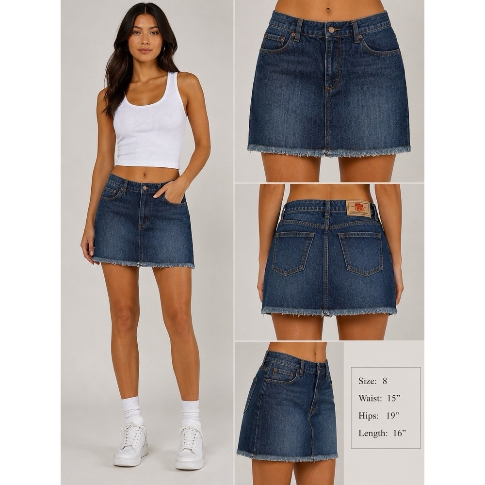 Route 66 Y2K Vtg Mini Jean Skirt Faded Wash Raw Hem Denim Sz 8 Skater Mall Goth